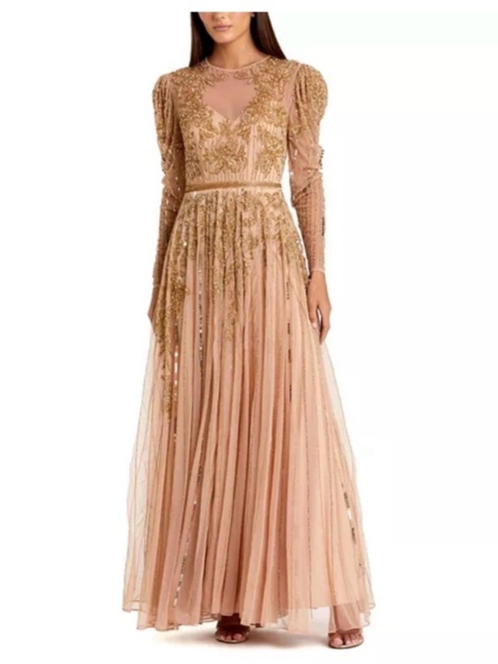 NEW Mac Duggal
Beaded Illusion Puff Sleeve Gown in Nude Gold Sz: 20 $600